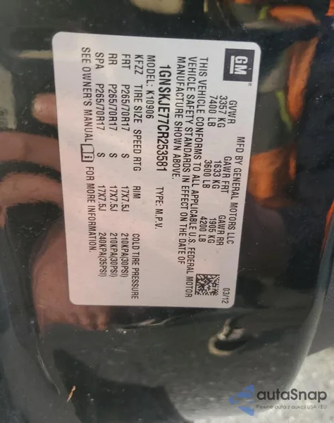 2012 Chevrolet Suburban K1500 Lt from USA, damaged, VIN 1GNSKJE77CR253581